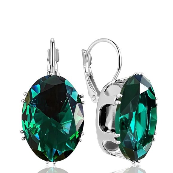 Anthropologie Jewelry - Green Pine Silver Oval Dangle Earrings